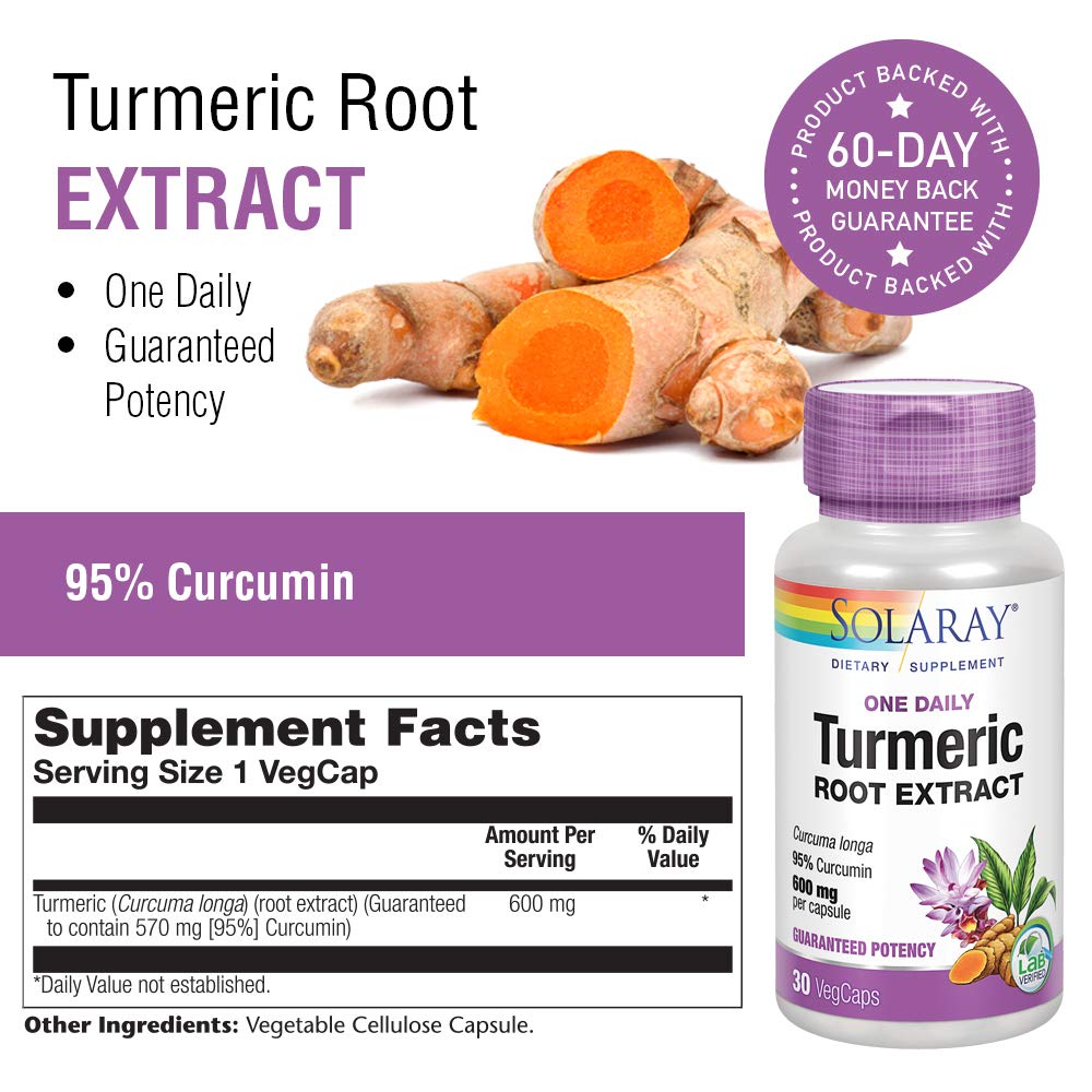 Extrait de racine de curcuma SOLARAY 600 mg, une prise par jour, articulations saines, soutien du système cardiovasculaire, puissance garantie (076280186628) (30 CT)