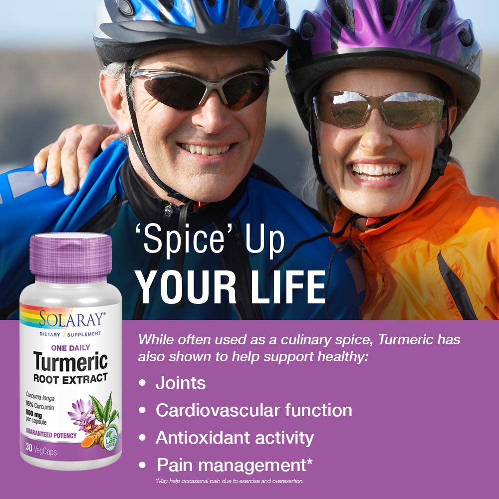Extrait de racine de curcuma SOLARAY 600 mg, une prise par jour, articulations saines, soutien du système cardiovasculaire, puissance garantie (076280186628) (30 CT)