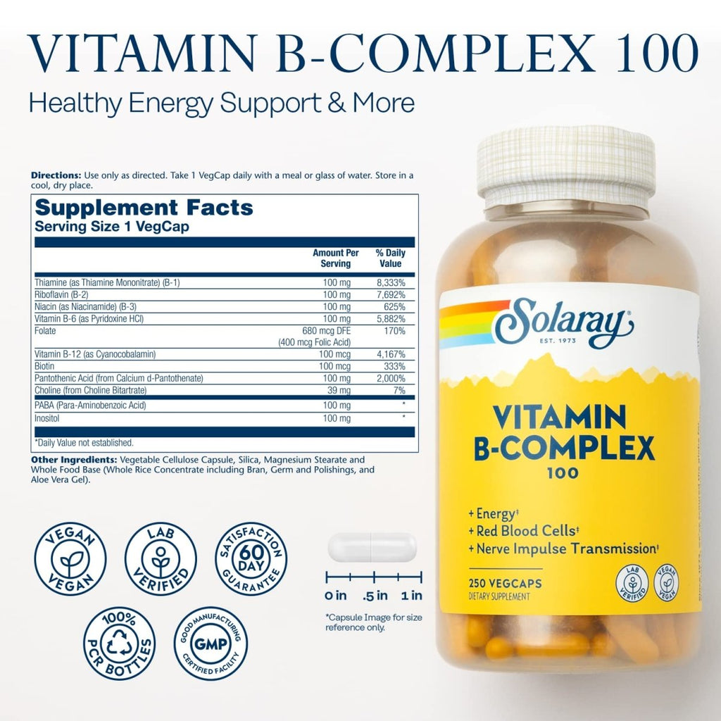 Solaray Complexe Vitamine B 100 mg - Vitamines B Complètes pour l'Énergie et la Vitalité - 250 Végicaps