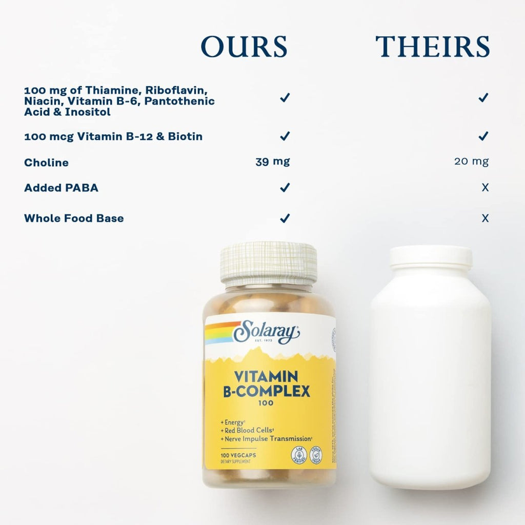 SOLARAY Vitamine B-Complex 100 mg - Soutien Vital pour l'Énergie, les Cellules Sanguines et les Nerfs - 100 Végicaps (100 Unités)