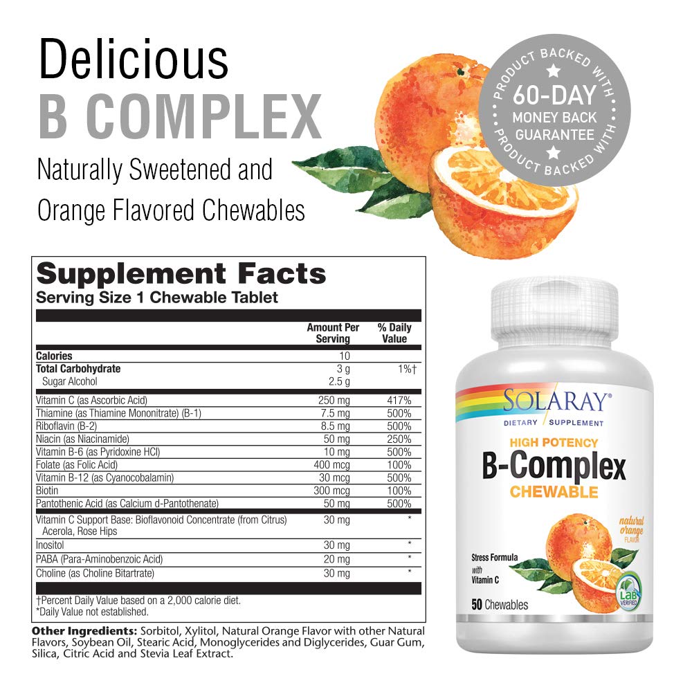 Solaray Vitamin B-Complex 250mg Natural Orange Flavor 50 Chewables