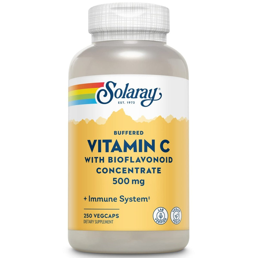 SOLARAY Vitamine C et complexe de bioflavonoïdes 500 mg tamponnée pour une digestion facile, soutien du système immunitaire, synthèse du collagène et antioxydant 250 gélules végétales