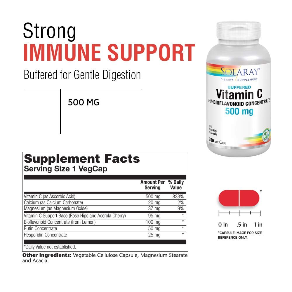 SOLARAY Vitamine C et complexe de bioflavonoïdes 500 mg tamponnée pour une digestion facile, soutien du système immunitaire, synthèse du collagène et antioxydant 250 gélules végétales