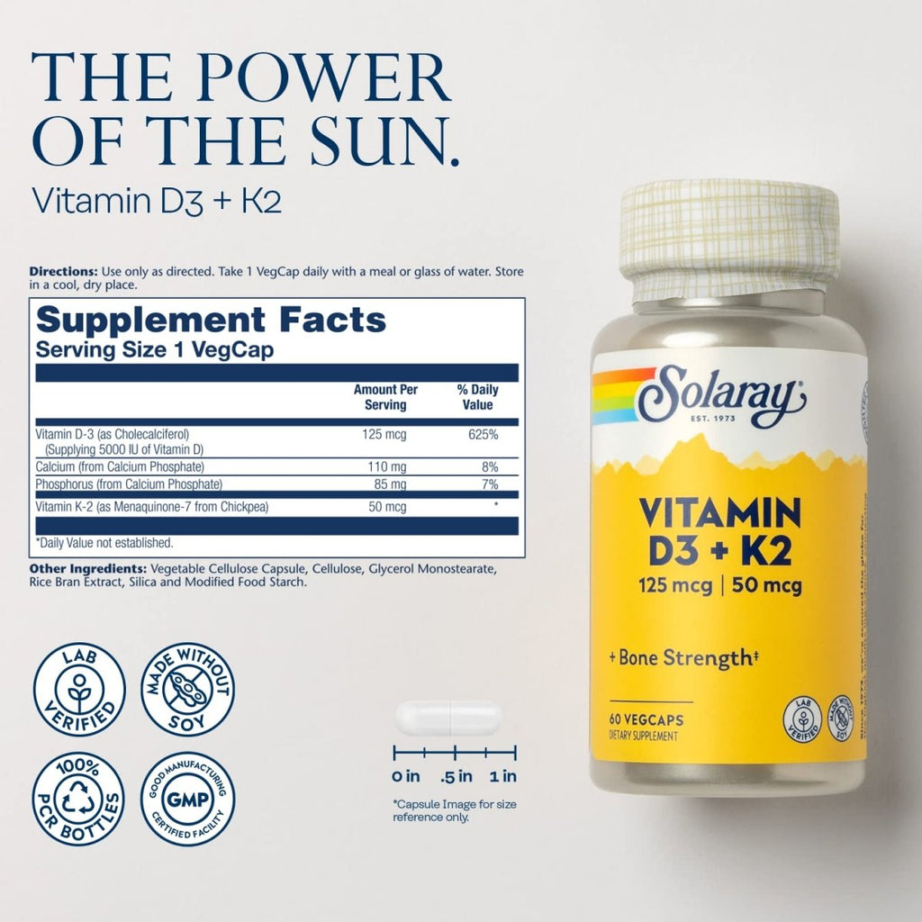 SOLARAY Vitamine D3 K2, supplément de Vitamine K2 D3 pour l'absorption du calcium, la solidité des os, le soutien des fonctions cardiovasculaires et immunitaires, sans soja, garantie 60 jours, 60 portions, 60 VegCaps