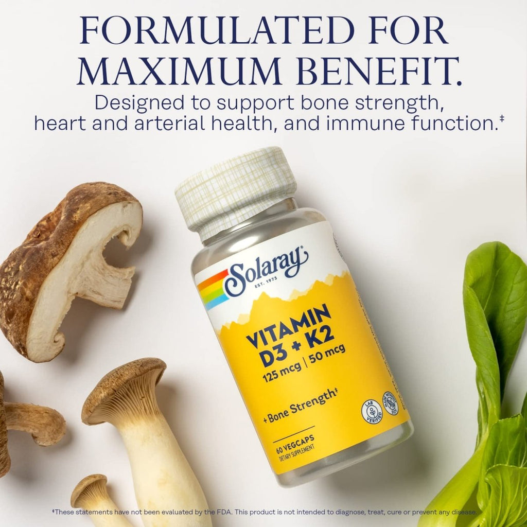 SOLARAY Vitamine D3 K2, supplément de Vitamine K2 D3 pour l'absorption du calcium, la solidité des os, le soutien des fonctions cardiovasculaires et immunitaires, sans soja, garantie 60 jours, 60 portions, 60 VegCaps