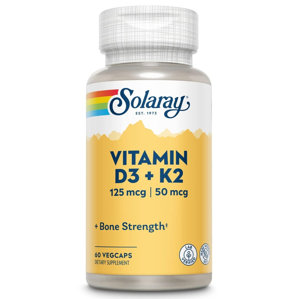 SOLARAY Vitamine D3 K2, supplément de Vitamine K2 D3 pour l'absorption du calcium, la solidité des os, le soutien des fonctions cardiovasculaires et immunitaires, sans soja, garantie 60 jours, 60 portions, 60 VegCaps