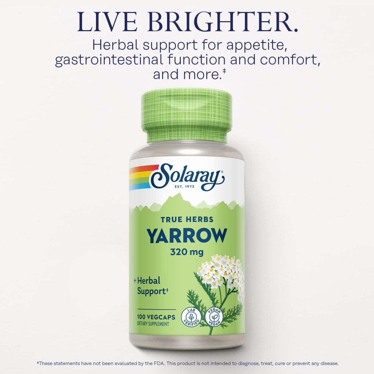 Solaray Achillée millefeuille 320 mg, Parties aériennes entières, Soutien Herbal de l'Appétit et du Confort Gastro-intestinal, Vérifié en laboratoire, Garantie de remboursement de 60 jours, 100 Portions, 100 Gélules végétales