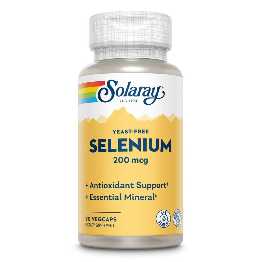 Solaray Sélénium Sans Levure 200µg, Soutien pour un Système Immunitaire Sain et la Fonction Thyroïdienne, Haute Absorption, Végan, 90 Gélules Végétales