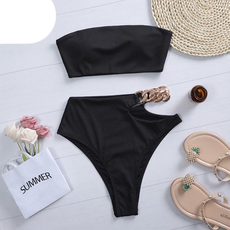 Maillot de bain bikini taille haute, maillot de bain femme avec chaîne, ensemble 2 pièces, maillot de bain de sport femme, ensemble bikini deux pièces, maillot de bain smocké à volants, épaules dénudées avec bas taille haute