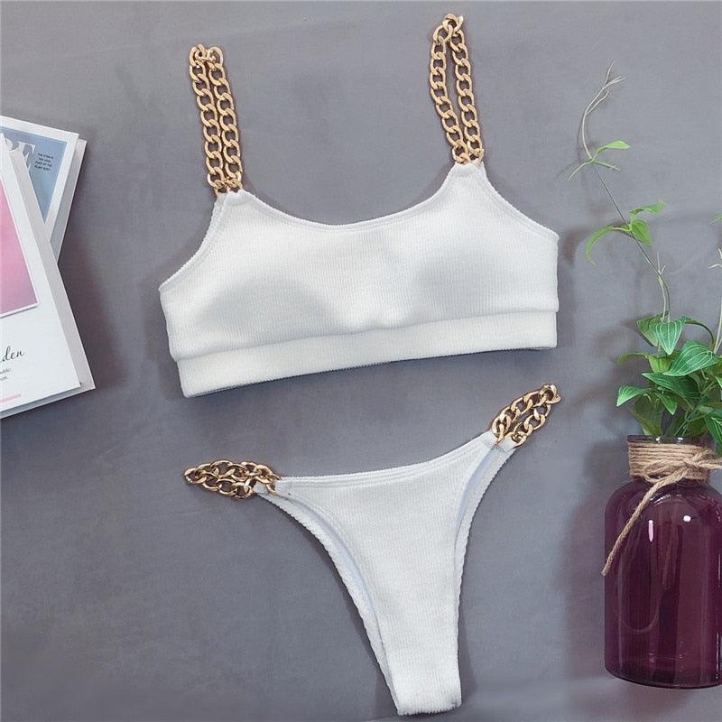 Maillot de bain bikini taille haute, maillot de bain femme avec chaîne, ensemble 2 pièces, maillot de bain de sport femme, ensemble bikini deux pièces, maillot de bain smocké à volants, épaules dénudées avec bas taille haute