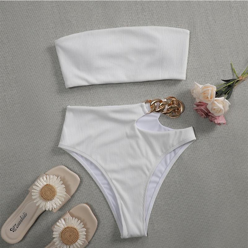 Maillot de bain bikini taille haute, maillot de bain femme avec chaîne, ensemble 2 pièces, maillot de bain de sport femme, ensemble bikini deux pièces, maillot de bain smocké à volants, épaules dénudées avec bas taille haute