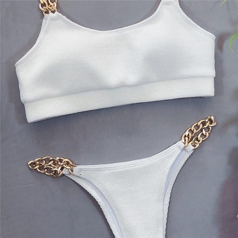Maillot de bain bikini taille haute, maillot de bain femme avec chaîne, ensemble 2 pièces, maillot de bain de sport femme, ensemble bikini deux pièces, maillot de bain smocké à volants, épaules dénudées avec bas taille haute