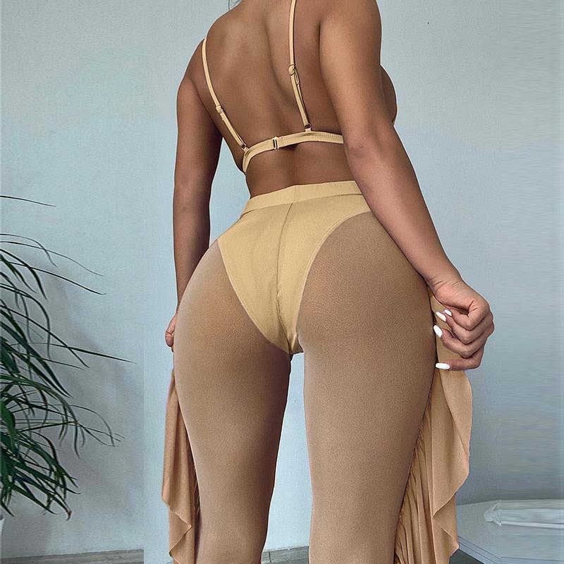 Maillot de bain 3 pièces solide en maille pour femme, rembourré, avec jupe longue de plage, élégant, volant, pour vacances, sport