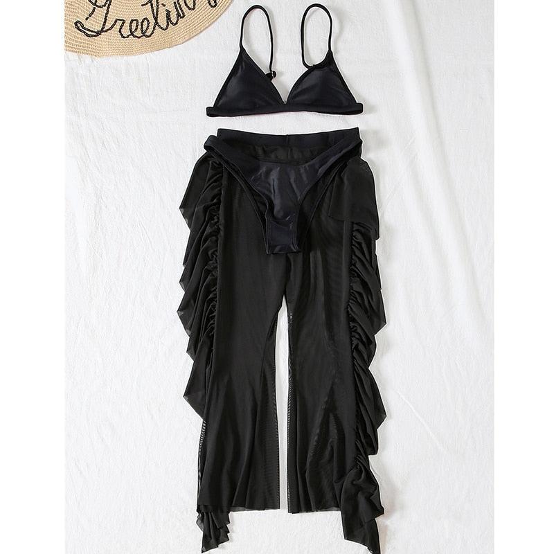 Maillot de bain 3 pièces solide en maille pour femme, rembourré, avec jupe longue de plage, élégant, volant, pour vacances, sport