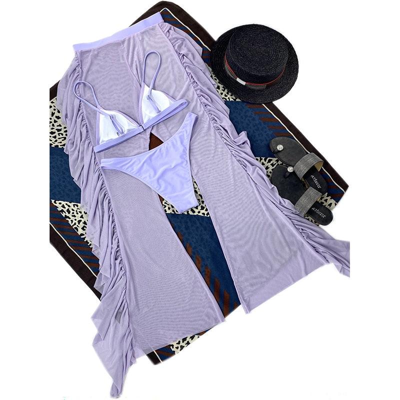 Maillot de bain 3 pièces solide en maille pour femme, rembourré, avec jupe longue de plage, élégant, volant, pour vacances, sport