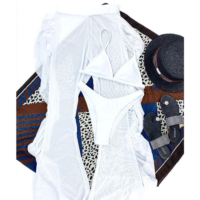 Maillot de bain 3 pièces solide en maille pour femme, rembourré, avec jupe longue de plage, élégant, volant, pour vacances, sport