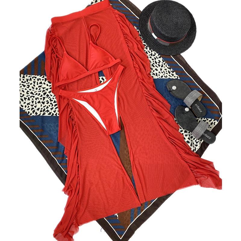 Maillot de bain 3 pièces solide en maille pour femme, rembourré, avec jupe longue de plage, élégant, volant, pour vacances, sport