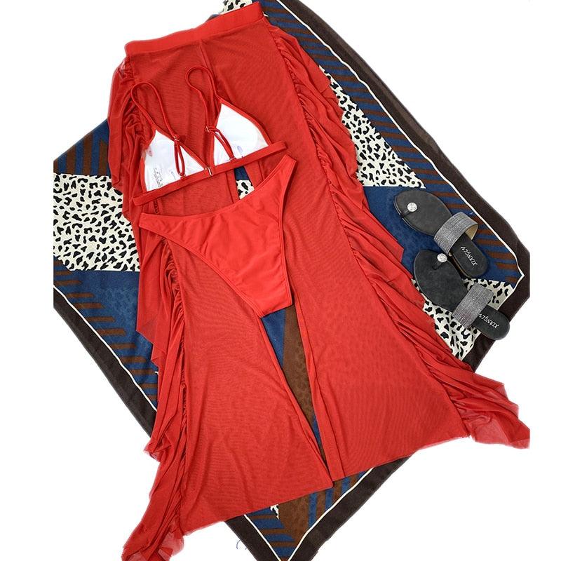 Maillot de bain 3 pièces solide en maille pour femme, rembourré, avec jupe longue de plage, élégant, volant, pour vacances, sport