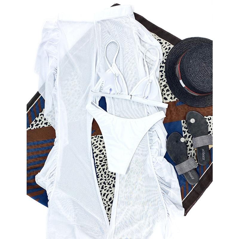 Maillot de bain 3 pièces solide en maille pour femme, rembourré, avec jupe longue de plage, élégant, volant, pour vacances, sport