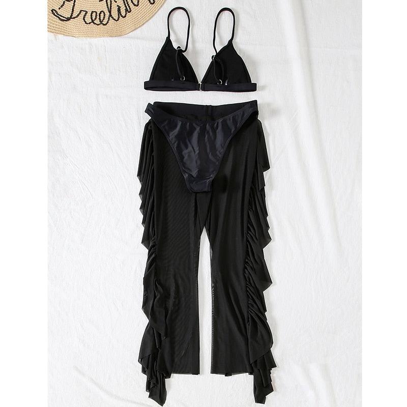 Maillot de bain 3 pièces solide en maille pour femme, rembourré, avec jupe longue de plage, élégant, volant, pour vacances, sport