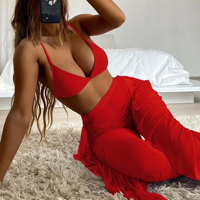 Maillot de bain 3 pièces solide en maille pour femme, rembourré, avec jupe longue de plage, élégant, volant, pour vacances, sport