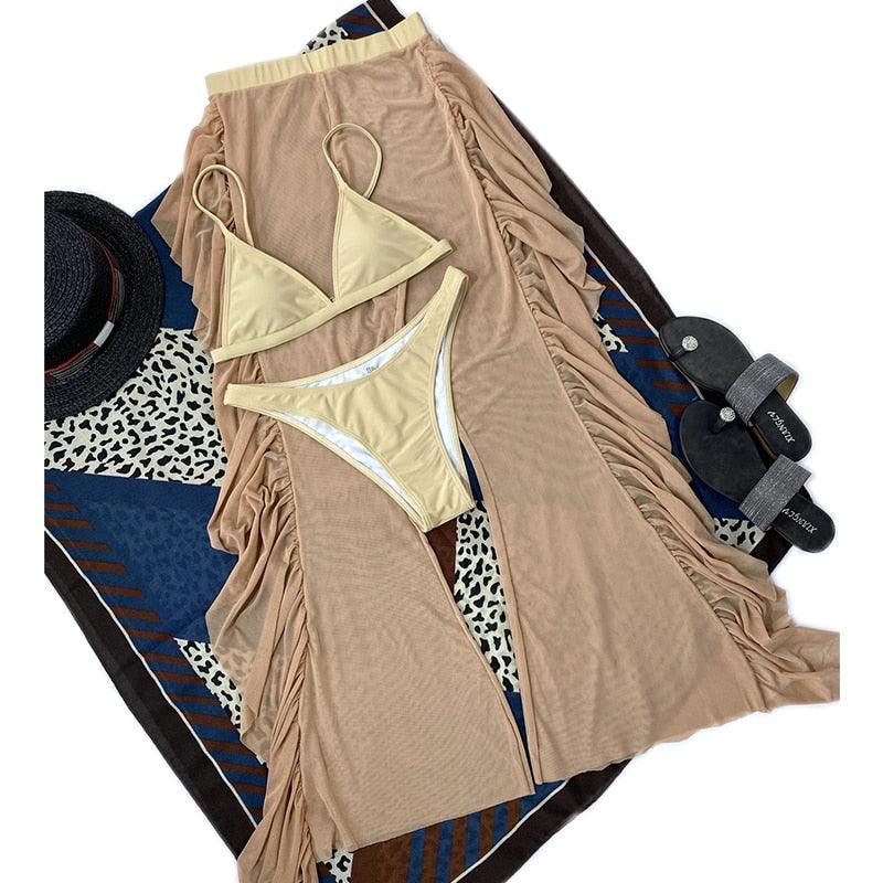 Maillot de bain 3 pièces solide en maille pour femme, rembourré, avec jupe longue de plage, élégant, volant, pour vacances, sport