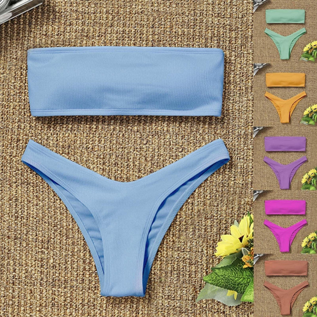 Maillot de bain bikini uni femme ensemble de bikini femme maillot de bain côtelé sans bretelles ensemble de bikini à lacets coupe haute deux pièces maillot de bain deux pièces haut bustier maillot de bain femme maillot de bain femme
