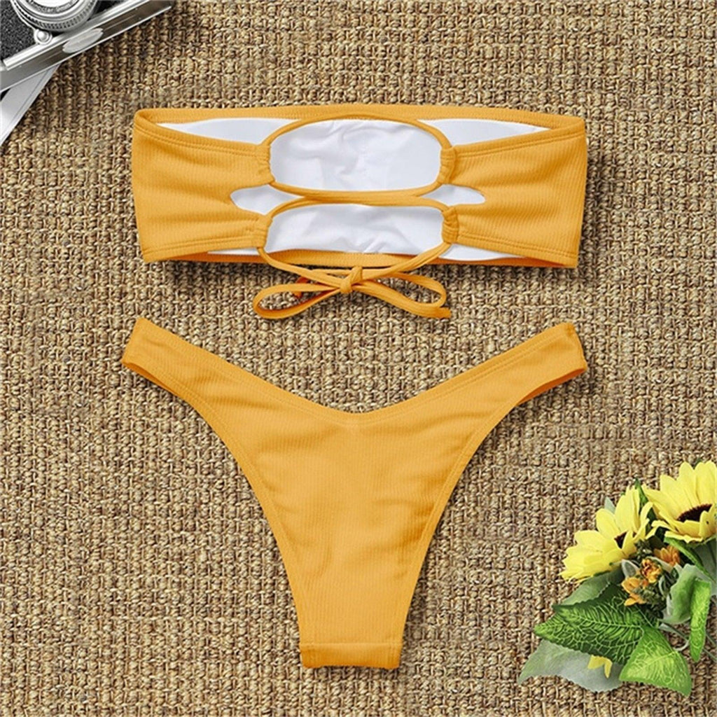 Maillot de bain bikini uni femme ensemble de bikini femme maillot de bain côtelé sans bretelles ensemble de bikini à lacets coupe haute deux pièces maillot de bain deux pièces haut bustier maillot de bain femme maillot de bain femme