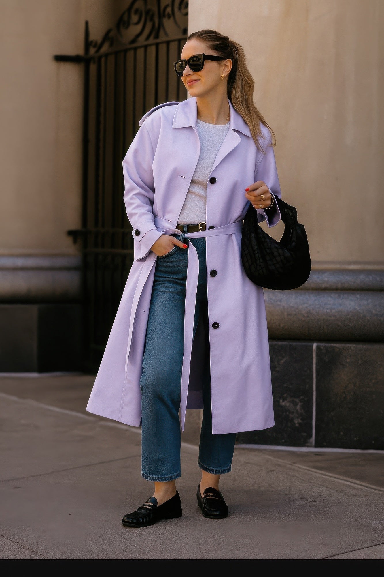 Trench-coat doublé à manches longues et de couleur unie pour femme