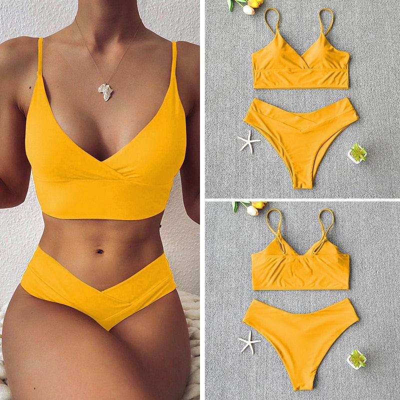 Maillot de bain solide pour femme, bikini push-up, bikini à licou croisé pour femme, maillot de bain à bretelles, ensemble de bikini, maillot de bain deux pièces pour femme