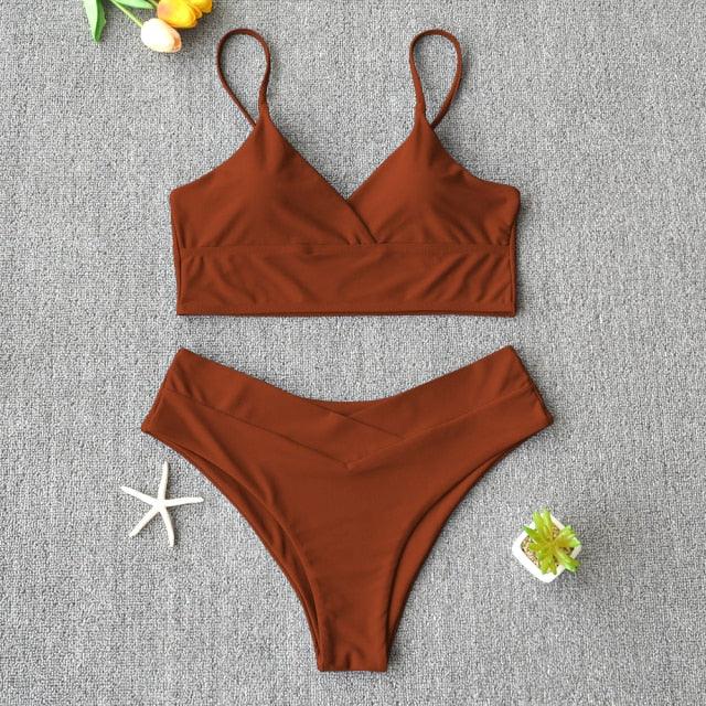 Maillot de bain solide pour femme, bikini push-up, bikini à licou croisé pour femme, maillot de bain à bretelles, ensemble de bikini, maillot de bain deux pièces pour femme