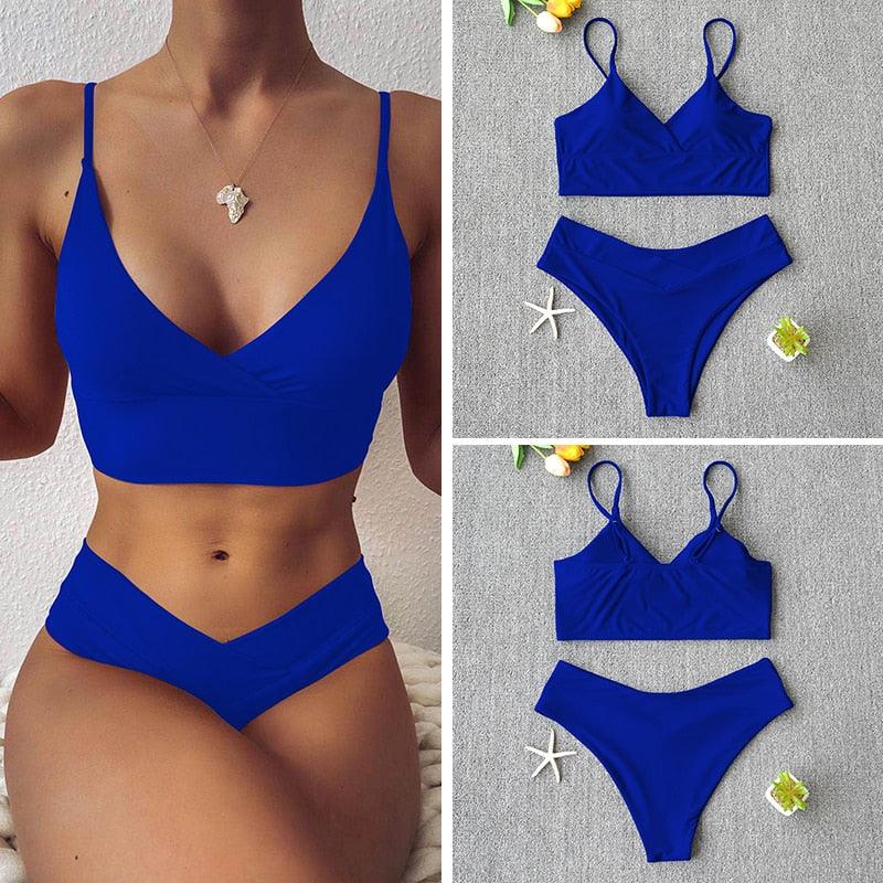 Maillot de bain solide pour femme, bikini push-up, bikini à licou croisé pour femme, maillot de bain à bretelles, ensemble de bikini, maillot de bain deux pièces pour femme