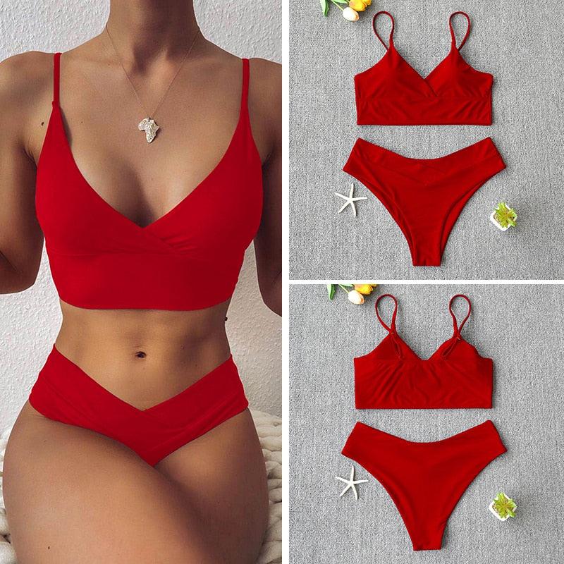 Maillot de bain solide pour femme, bikini push-up, bikini à licou croisé pour femme, maillot de bain à bretelles, ensemble de bikini, maillot de bain deux pièces pour femme
