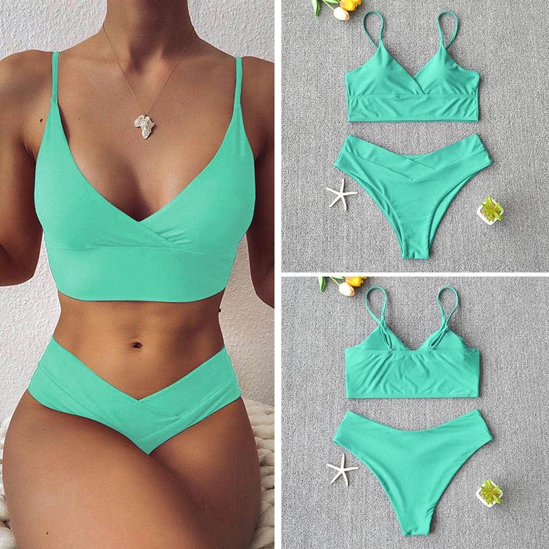 Maillot de bain solide pour femme, bikini push-up, bikini à licou croisé pour femme, maillot de bain à bretelles, ensemble de bikini, maillot de bain deux pièces pour femme