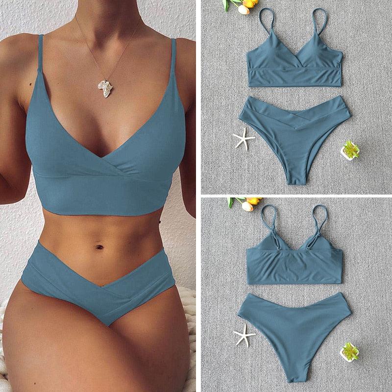 Maillot de bain solide pour femme, bikini push-up, bikini à licou croisé pour femme, maillot de bain à bretelles, ensemble de bikini, maillot de bain deux pièces pour femme