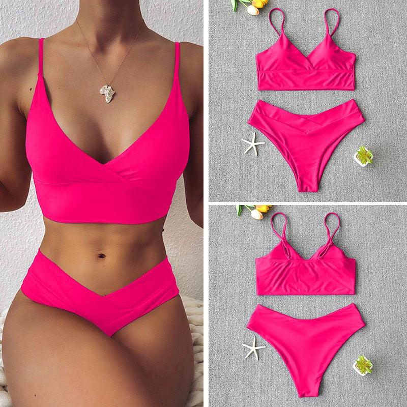 Maillot de bain solide pour femme, bikini push-up, bikini à licou croisé pour femme, maillot de bain à bretelles, ensemble de bikini, maillot de bain deux pièces pour femme