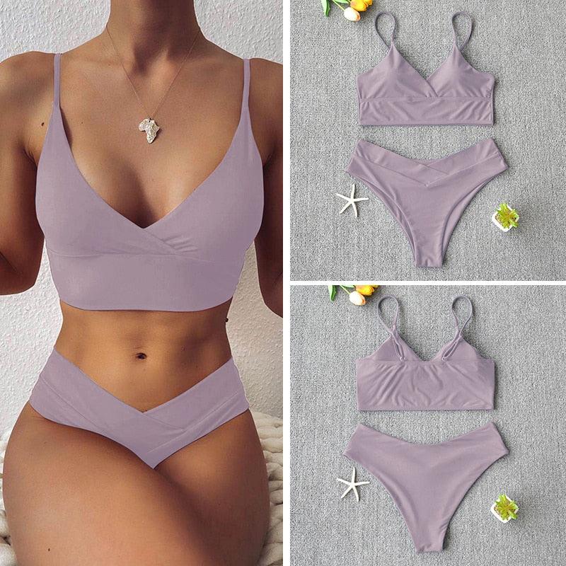 Maillot de bain solide pour femme, bikini push-up, bikini à licou croisé pour femme, maillot de bain à bretelles, ensemble de bikini, maillot de bain deux pièces pour femme
