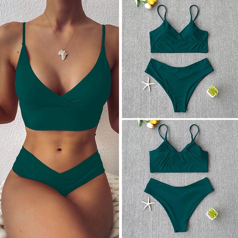 Maillot de bain solide pour femme, bikini push-up, bikini à licou croisé pour femme, maillot de bain à bretelles, ensemble de bikini, maillot de bain deux pièces pour femme