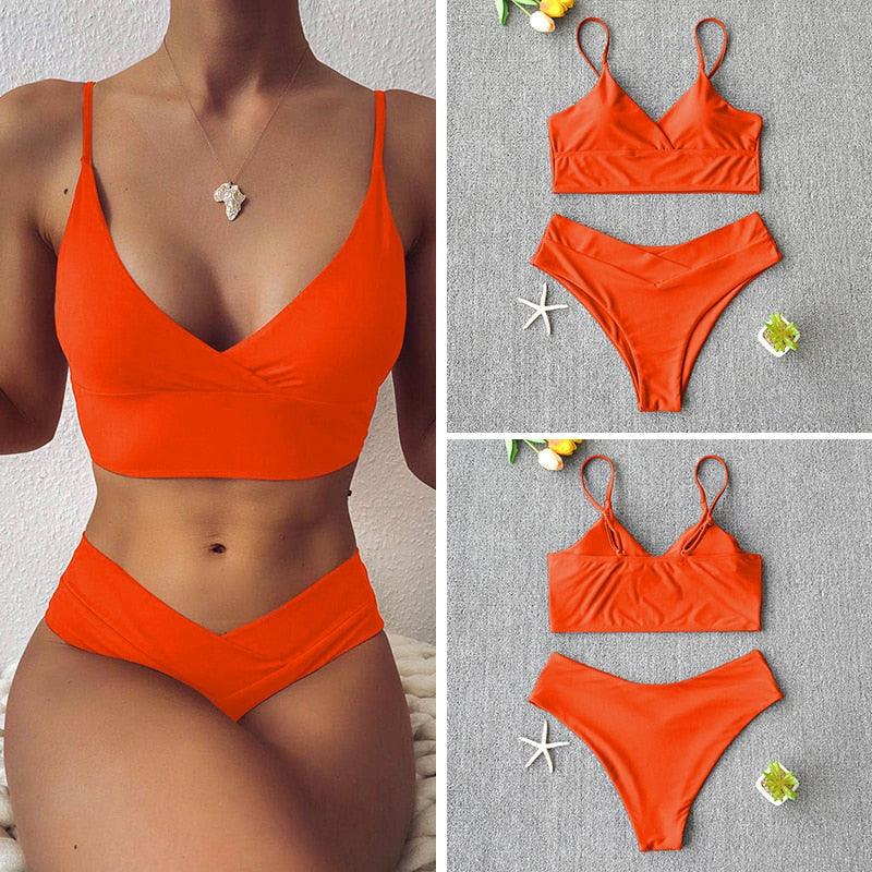 Maillot de bain solide pour femme, bikini push-up, bikini à licou croisé pour femme, maillot de bain à bretelles, ensemble de bikini, maillot de bain deux pièces pour femme