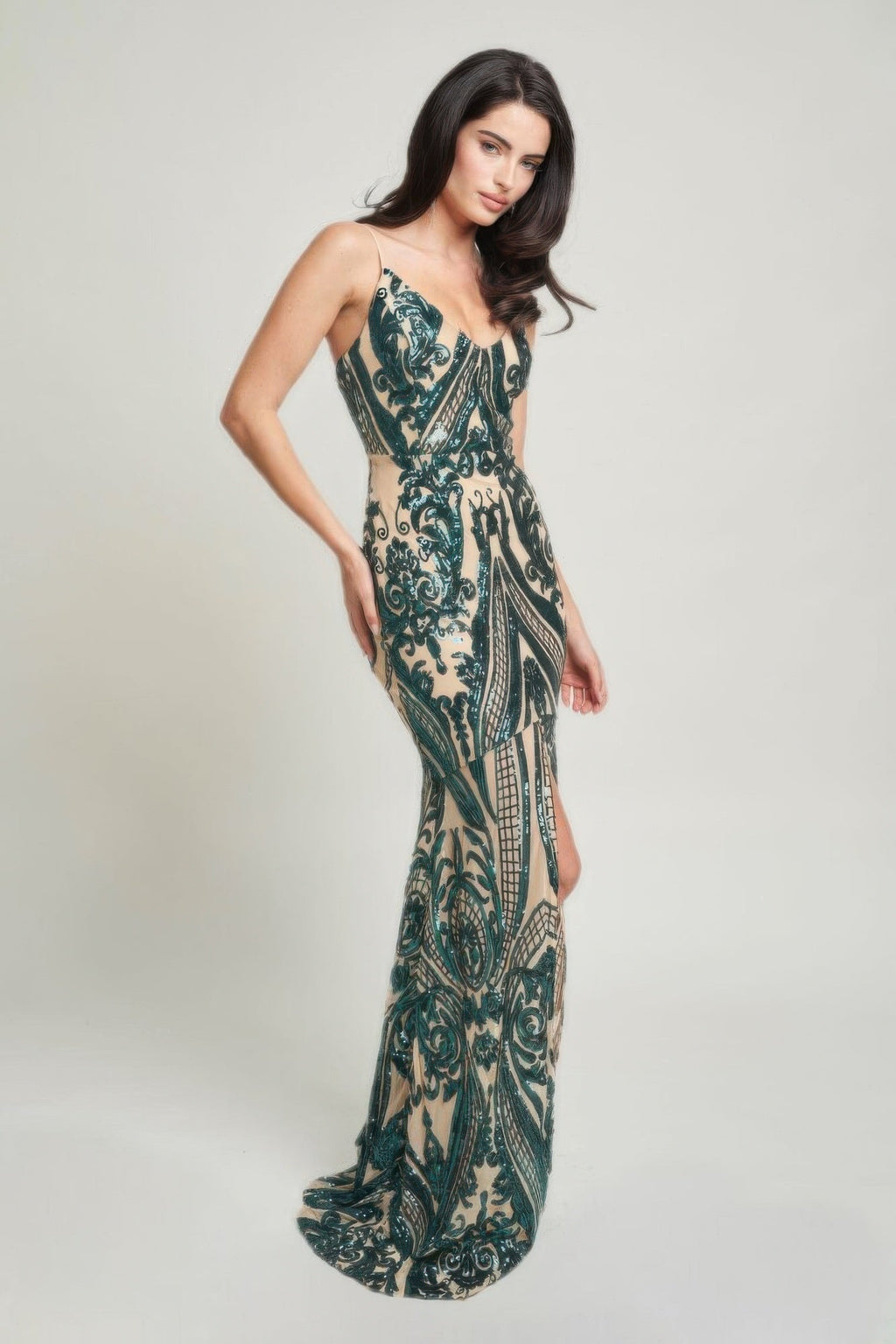 Robe longue à sequins Art déco à fines bretelles
