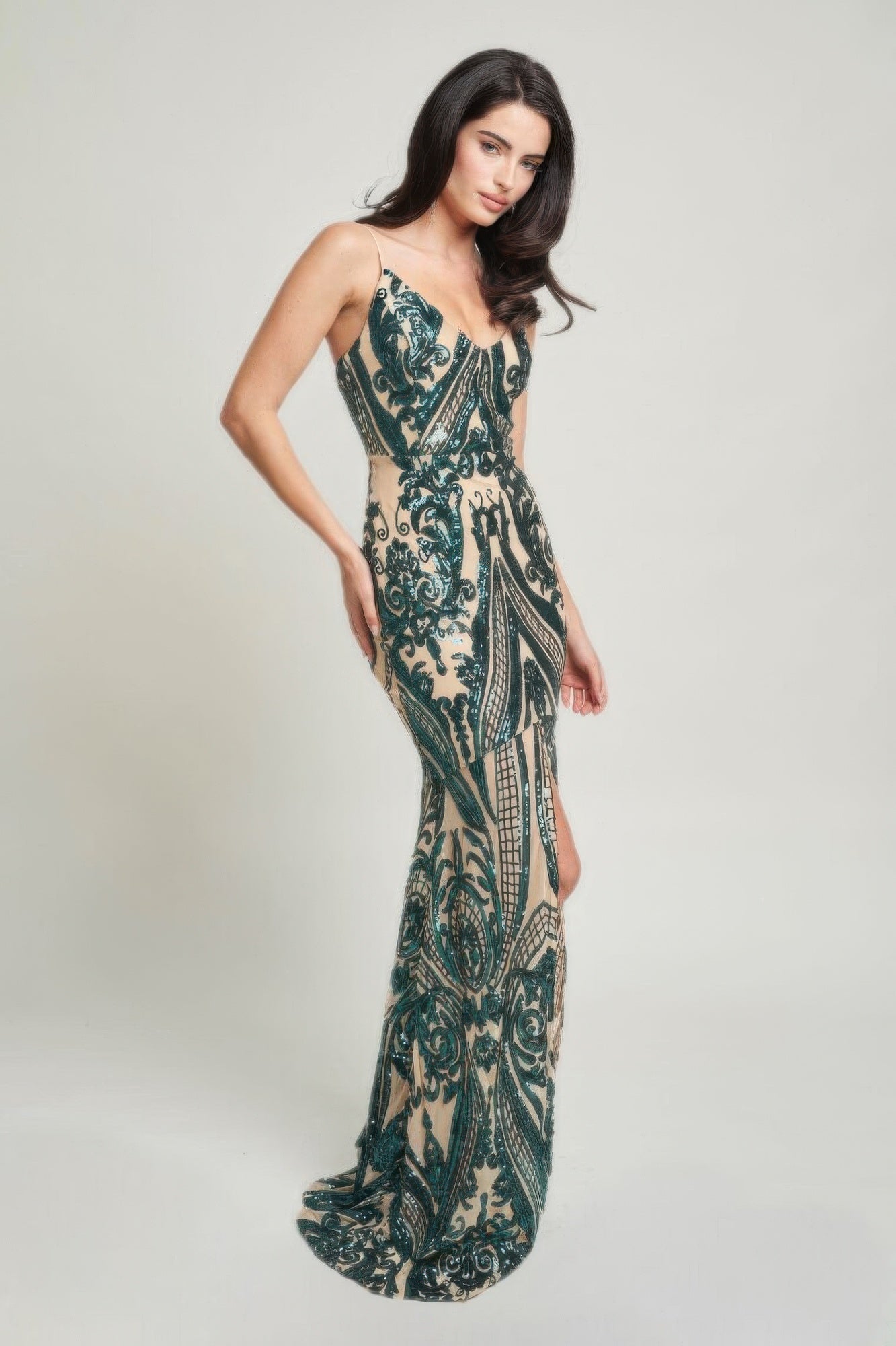 Robe longue à sequins Art déco à fines bretelles