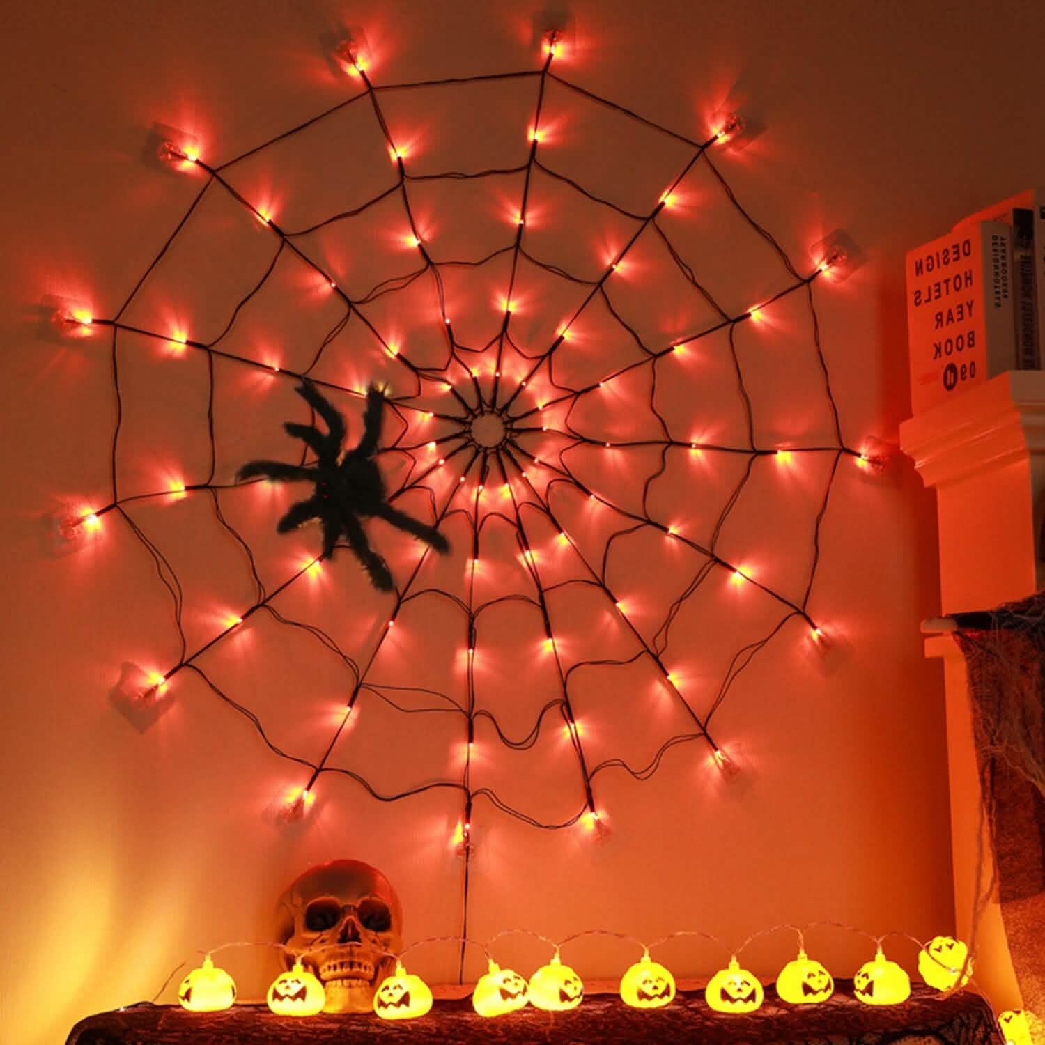 Toile d'araignée lumineuse avec araignée velue 70 LED alimentée par piles Télécommande 8 modes d'éclairage