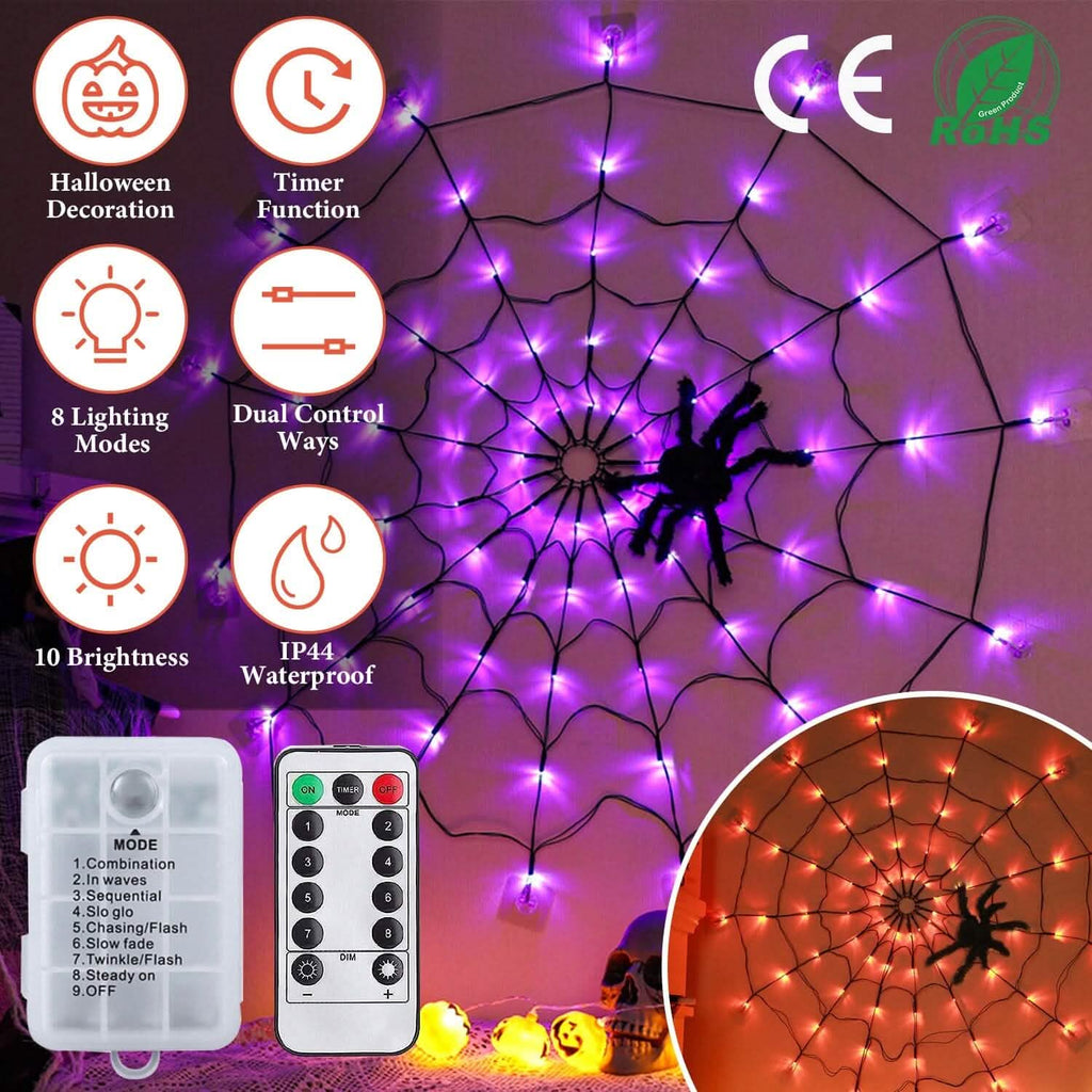 Toile d'araignée lumineuse avec araignée velue 70 LED alimentée par piles Télécommande 8 modes d'éclairage