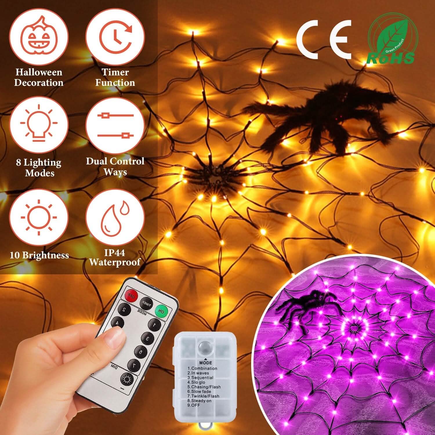 Toile d'araignée lumineuse avec araignée velue 70 LED alimentée par piles Télécommande 8 modes d'éclairage