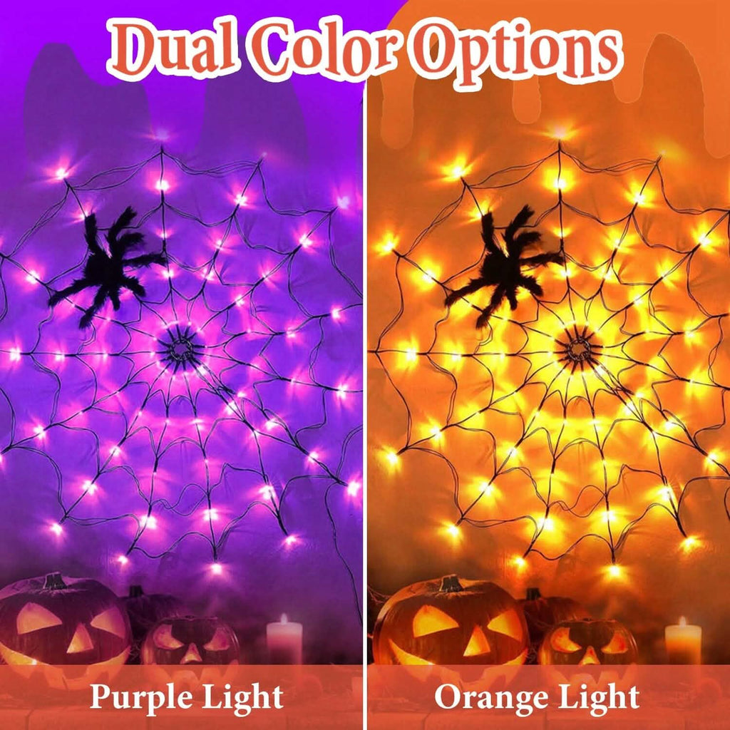 Toile d'araignée lumineuse avec araignée velue 70 LED alimentée par piles Télécommande 8 modes d'éclairage