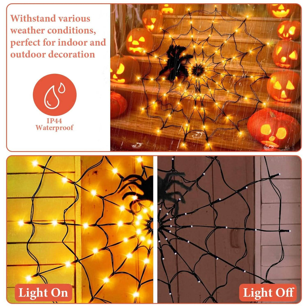 Toile d'araignée lumineuse avec araignée velue 70 LED alimentée par piles Télécommande 8 modes d'éclairage