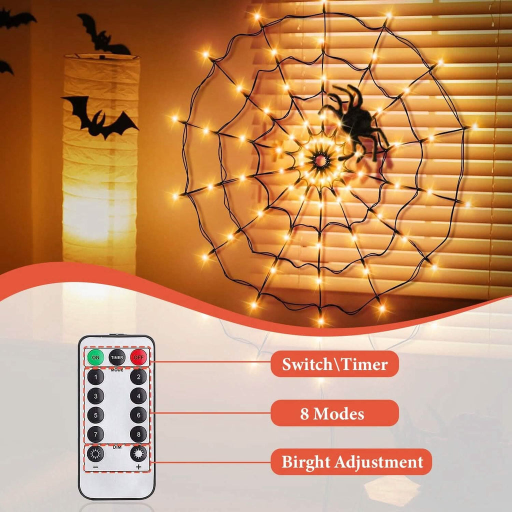 Toile d'araignée lumineuse avec araignée velue 70 LED alimentée par piles Télécommande 8 modes d'éclairage