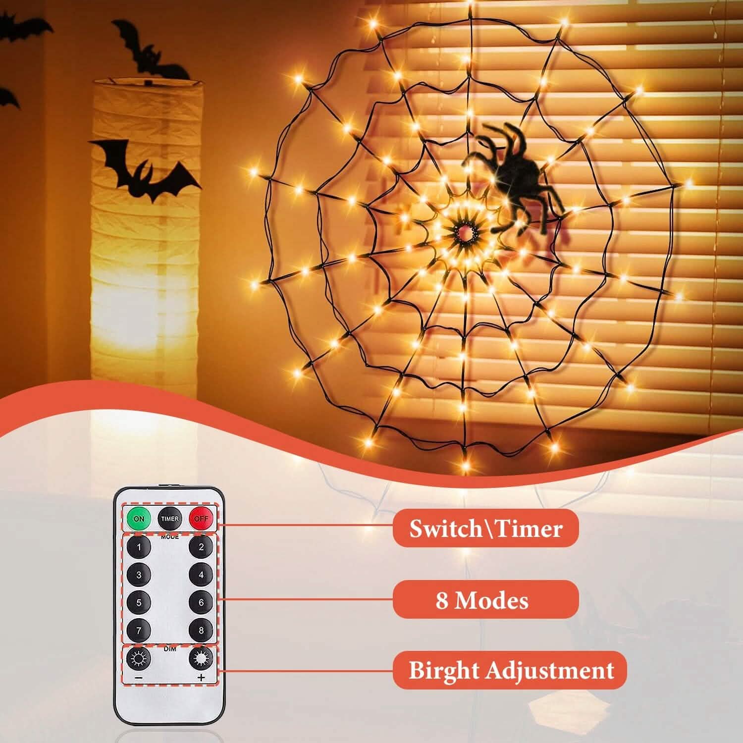 Toile d'araignée lumineuse avec araignée velue 70 LED alimentée par piles Télécommande 8 modes d'éclairage