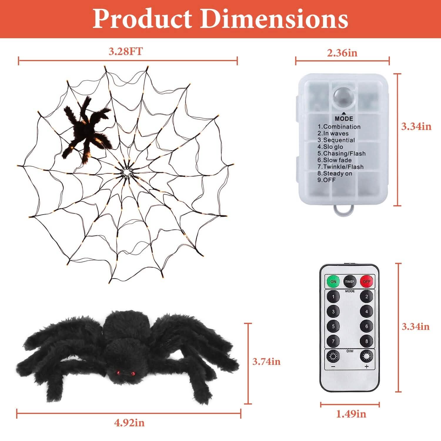 Toile d'araignée lumineuse avec araignée velue 70 LED alimentée par piles Télécommande 8 modes d'éclairage