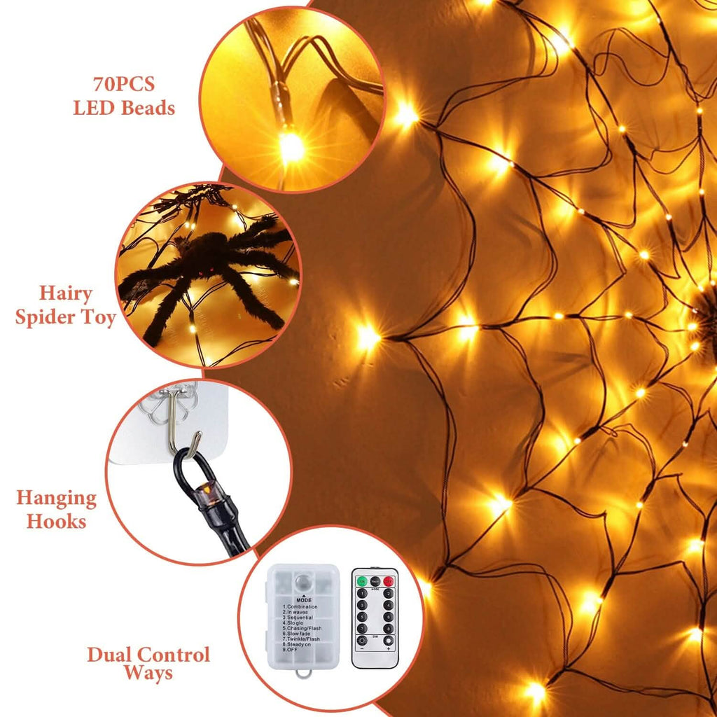 Toile d'araignée lumineuse avec araignée velue 70 LED alimentée par piles Télécommande 8 modes d'éclairage